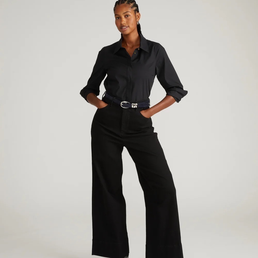 Universal Standard Elbe Poplin Half Placket Black Long Sleeve Classic Shirt